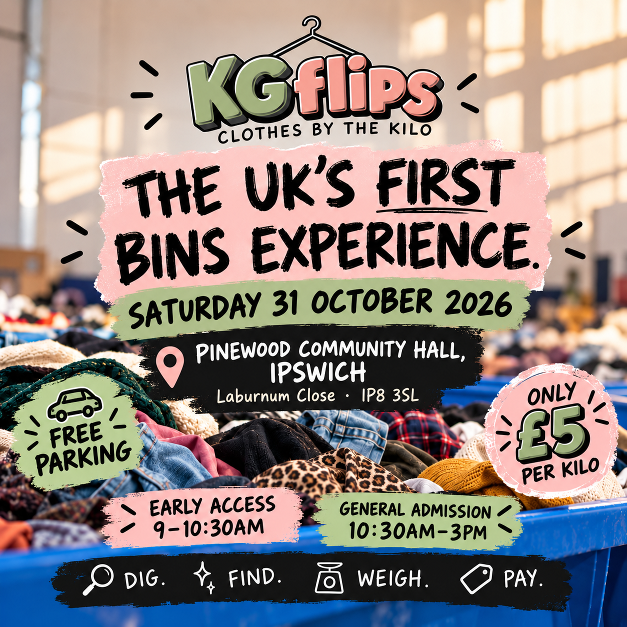 KGflips Ipswich event, Saturday 31 October 2026 at Pinewood Community Hall. Early access 9–10:30am; general admission 10:30am–3pm. Free parking and clothing £5 per kilo.